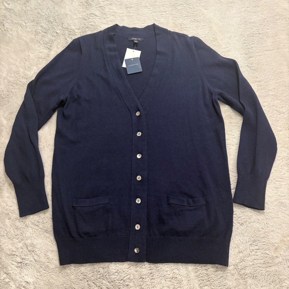 Lands End Women XL Cotton Cashmere V-Neck Cardigan Sweater Blue Academia Preppy